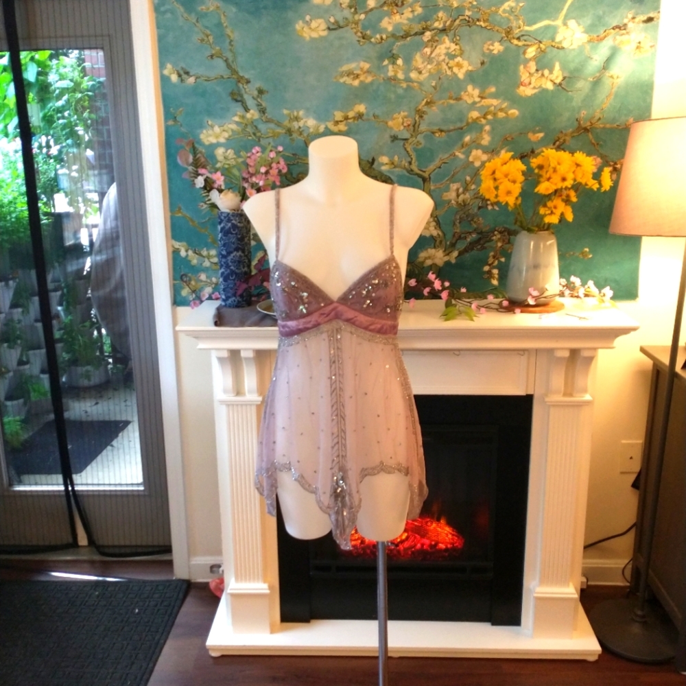 COPY - One of a kind bautiful beaded long top, mesh and satin EUC size small.